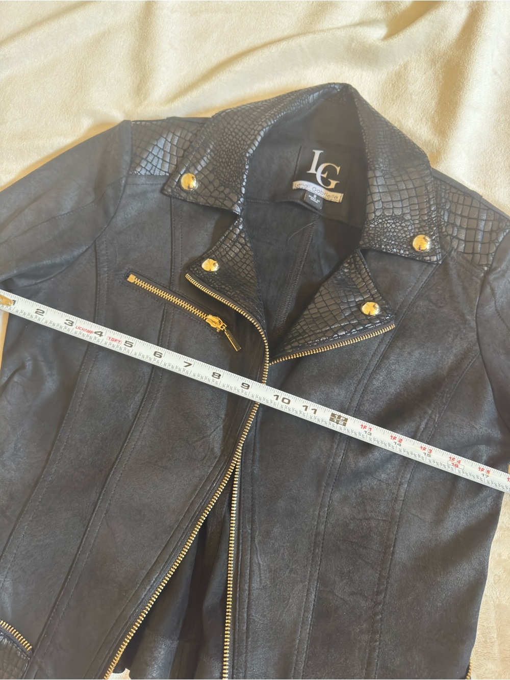 Lena Gabrielle Black Faux Leather Moto Jacket Croc-Texture and Gold tone Accents - Picture 6 of 8